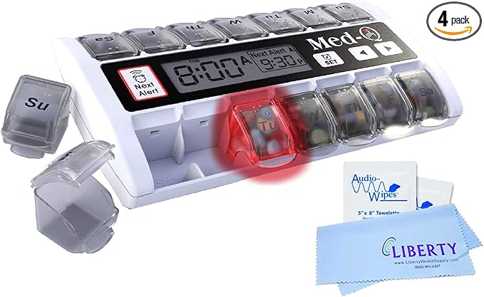 MED-Q Pill Box Dispenser with 14 Compartments, 2 Electronic Wipes, 1 Liberty Cloth