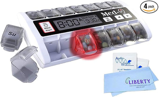 MED-Q Pill Box Dispenser with 14 Compartments, 2 Electronic Wipes, 1 Liberty Cloth