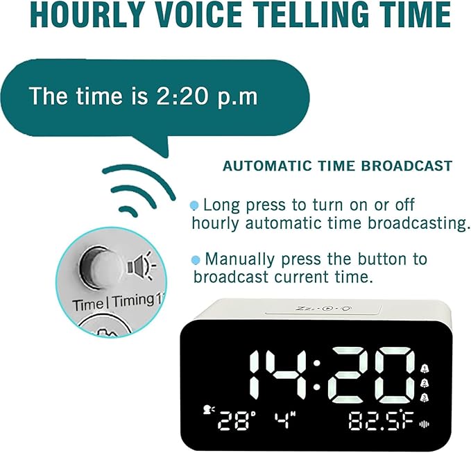 Talking Alarm Clock and Countdown Timer, Hourly Chime for Visually Impaired Elderly Seniors Blind, Battery Operated, Snooze, Temperature, Vibration, Rechargeable, 99 Minutes Led Count down Timing