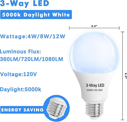 3 Way LED Light Bulbs 4 Pack, 3 Way Light Bulbs 30 70 100 Daylight White 5000K,E26 Medium Base A19 Three Way Light Bulb, Indoor 3way Bulb for Reading