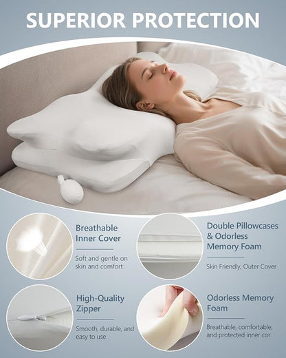 SMDR Adjustable Air Cushion Cervical Neck Pillow, Ergonomic Double-Wing Memory Foam Neck Support Pillow for Pain Relief, Spine Alignment & Posture Correction, Cooling Washable Cover, 3.5"–1.2" Design
