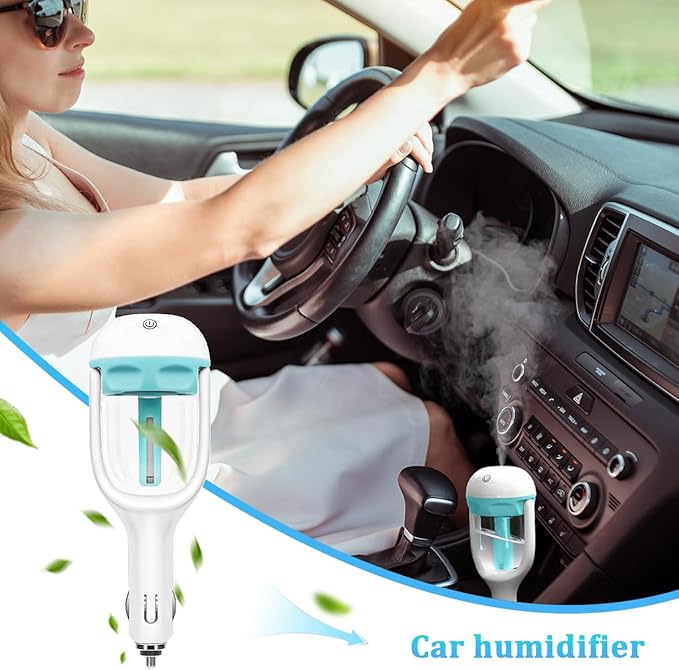 Car Mini Humidifier, Auto Shut-Off 180-Degree Rotation Small Vehicle Purifier Diffuser for Travel, Portable Plug-in Compact Automotive Air Humidifier, Universal for Most Vehicles (Blue)