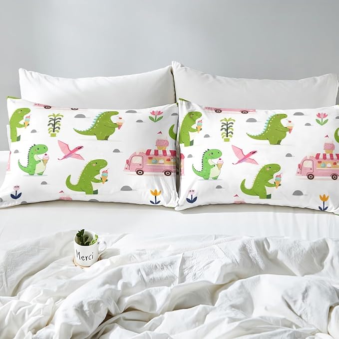 Summer Ice Cream Truck Fitted Bottom Sheet Twin Size,Kawaii Dinosaur Animals Sheet Set Soft Polyester Bedding,Rustic Flowers Dino Wildlife Bed Cover(1 Fitted Sheet+1 Pillow Case)