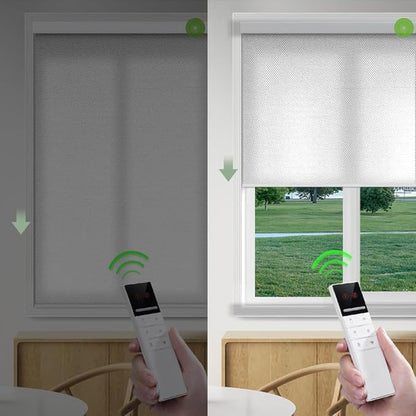 ZSHINE Motorized Window Blinds Over-Size Customize Width (21-114 Inches) Remote Control Wireless and Rechargeable Motor Roller Shades Blinds for Windows(Light Filtering White 82086W)