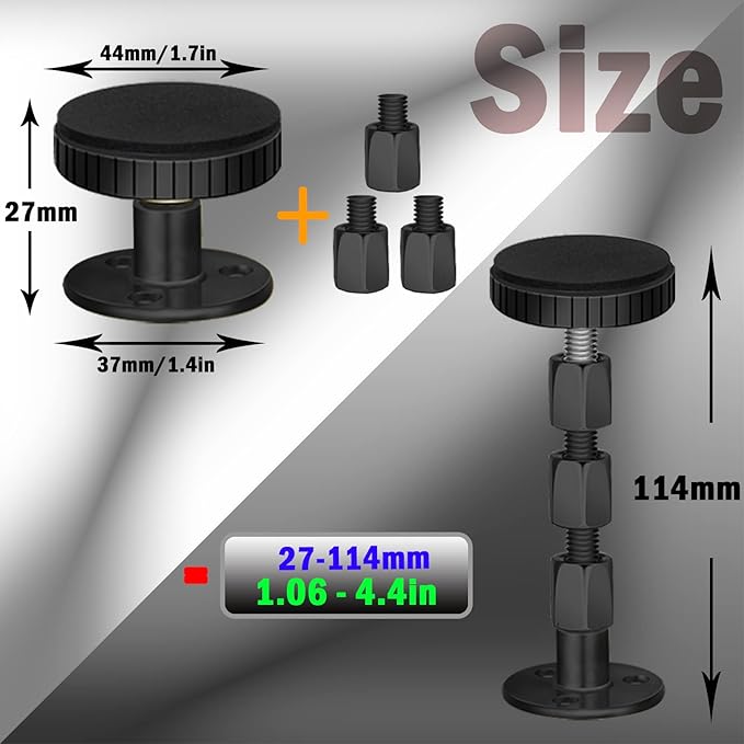 Adjustable Threaded Headboard Stoppers/Bumper Against Wall, 4 Pack Behind Bed Frame Protector Antishake Tool, Bed Shake Support Stabilizer Device for Anti-Knocking,Banging, Metal (Black 27-114mm)
