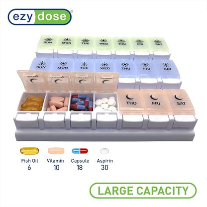EZY DOSE Weekly (7-Day) Pill Case, Daily Medicine Planner, Vitamin Organizer Container, Large Push Button Compartments, Easy to Use, 3 Times a Day, Spring Open Design, Pastel Rainbow Lids, BPA Free