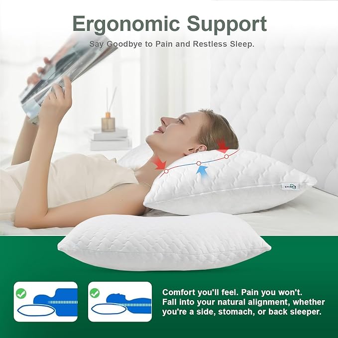 Shredded Memory Foam Pillows – Adjustable Loft, Orthopedic Support for Side/Back Sleepers, Pressure Relief for Cervical Spine, Machine Washable (Queen Size)