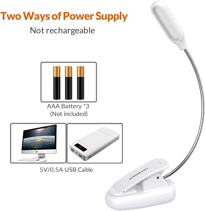 LEPOWER Clip on Book Light/Reading Light/Clip Light with 5 LED Eye Care, 3 Color Changeable, Portable Reading Lamp, Battery Operated, Bed Lights for Kids, Bookworms, Students(White)
