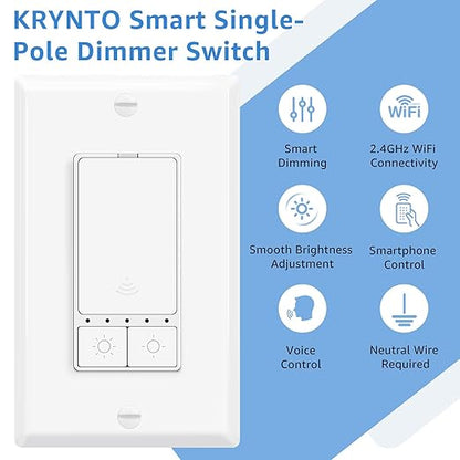 Smart Dimmer Switch, Single Pole with Neutral Wire Required, 2.4GHz WiFi Switch Work with Alexa & Google Home,Tuya APP No Hub Needed, 150W Max LED/CFL 600W Max Incandescent, ETL List, White,2 Pack