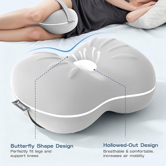 Leg Pillow for Side Sleeping - Between Knee Pillow for Side Sleepers - Ergonomic Memory Foam Knee Pillow for Knee Pain, Hip Alignment, Cooling Cover & Removable (Grey)