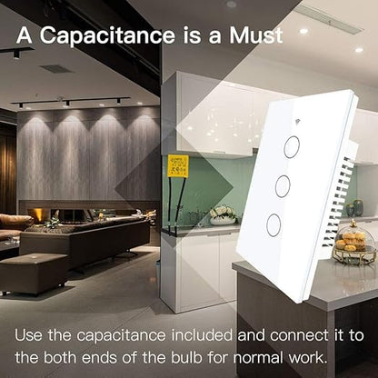 MoesGo 2nd Generation WiFi RF433 Smart Touch Wall Single Fire Smart Switch，No Neutral Wire Needed,Compatible with Smart Life/Tuya App, Works with Alexa and Google Home Single Pole 110V White 3 Gang