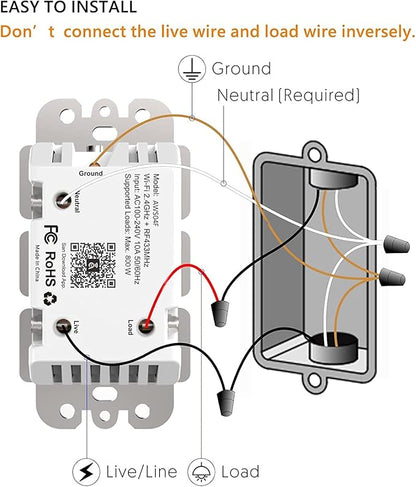 Smart Switch with App & Remote Control, Alexa Light Switch Single-Pole, 2.4GHz Wi-Fi Timer Wall Switch Compatible with Alexa Google Home, Neutral Wire Needed, No Hub Required