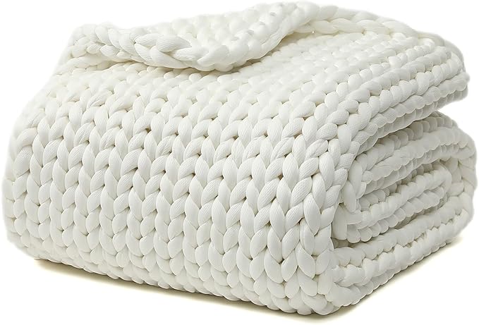 YnM Cooling Weighted Blanket, Handmade Chunky Yarn Knitted Design, Temperature Regulating and Breathable, Machine Washable Throw for Sleep or Home Decor (White, 60x80 Inch, 15lbs)