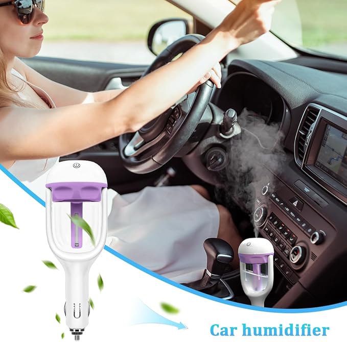 Car Mini Humidifier, Auto Shut-Off 180-Degree Rotation Small Vehicle Purifier Diffuser for Travel, Portable Plug-in Compact Automotive Air Humidifier, Universal for Most Vehicles (Purple)