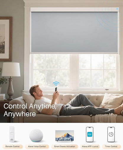 Smart Roller Shades for Windows, Alexa Blackout Motorized Blinds with Remote Control, Easy Install Automatic Electric Blinds for Indoor (35" W x 72" H, Gray Fabric & White Shell)