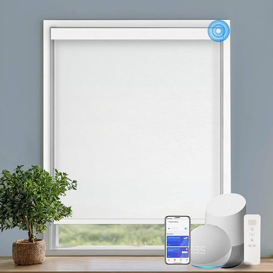 Motorized Blinds with Remote Cordless Automatic Motorized Shades Custom Blinds for Windows Smart Curtains Compatible with Alexa Google Home(Light Filtering Jacquard White,W59 x H72in)