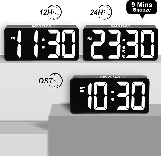 PPLEE Alarm Clock for Bedroom with Night Light & Bold Digits-7 in Digital Clock with Dual Alarms & USB Charger Ports,Battery Backup,Adjustable Brightness&Volume,DST, Loud Desk Clock for Heavy Sleeper