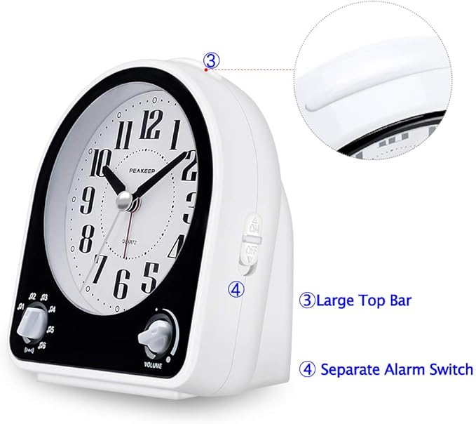 Peakeep Analog Alarm Clock Non-Ticking Silent, Optional 7 Wake-up Sounds with Volume Control, Nightlight and Snooze, AA Battery Operated (Black)