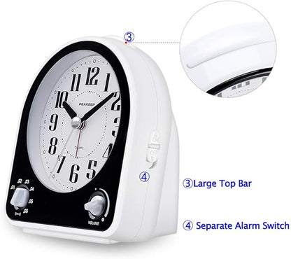 Peakeep Analog Alarm Clock Non-Ticking Silent, Optional 7 Wake-up Sounds with Volume Control, Nightlight and Snooze, AA Battery Operated (Black)