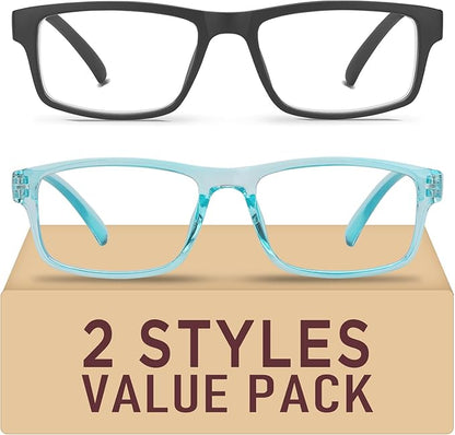 2 Pack Reading Glasses,Upgraded TR Blue Light Blocking Reading Glasses,Filter UV Ray/Glare Computer Readers, Stylish Lightweight Spring Hinges Eyeglasses for Women Men(Black/Blue,2.25)