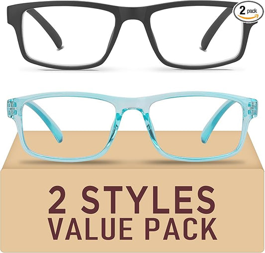 2 Pack Reading Glasses,Upgraded TR Blue Light Blocking Reading Glasses,Filter UV Ray/Glare Computer Readers, Stylish Lightweight Spring Hinges Eyeglasses for Women Men(Black/Blue,2.0)