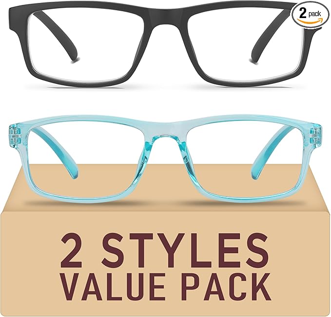 2 Pack Reading Glasses,Upgraded TR Blue Light Blocking Reading Glasses,Filter UV Ray/Glare Computer Readers, Stylish Lightweight Spring Hinges Eyeglasses for Women Men(Black/Blue,1.25)