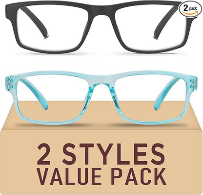 2 Pack Reading Glasses,Upgraded TR Blue Light Blocking Reading Glasses,Filter UV Ray/Glare Computer Readers, Stylish Lightweight Spring Hinges Eyeglasses for Women Men(Black/Blue,1.25)