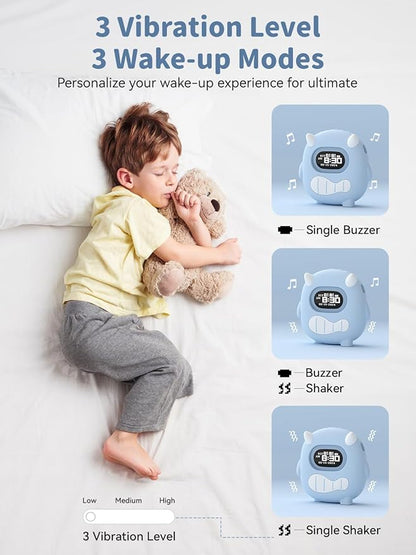 Kids Digital Alarm Clock-Cordless 3000mAh Rechargeable Vibrating Digital Clock for Heavy Sleepers Mini Toddler Clock for Travel Bedroom Silicone Case Date/Month/Year 3 Alarm/Vibration Setting Mode