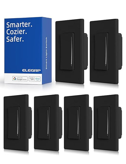 ELEGRP Smart Dimmer Light Switch DTR10, Single Pole Setup, 2.4GHz Wi-Fi Touch Dimmer Compatible with Alexa/Google Assistant, Needs Neutral Wire, No Hub Required, UL Listed, Matte Black, 6 Pack