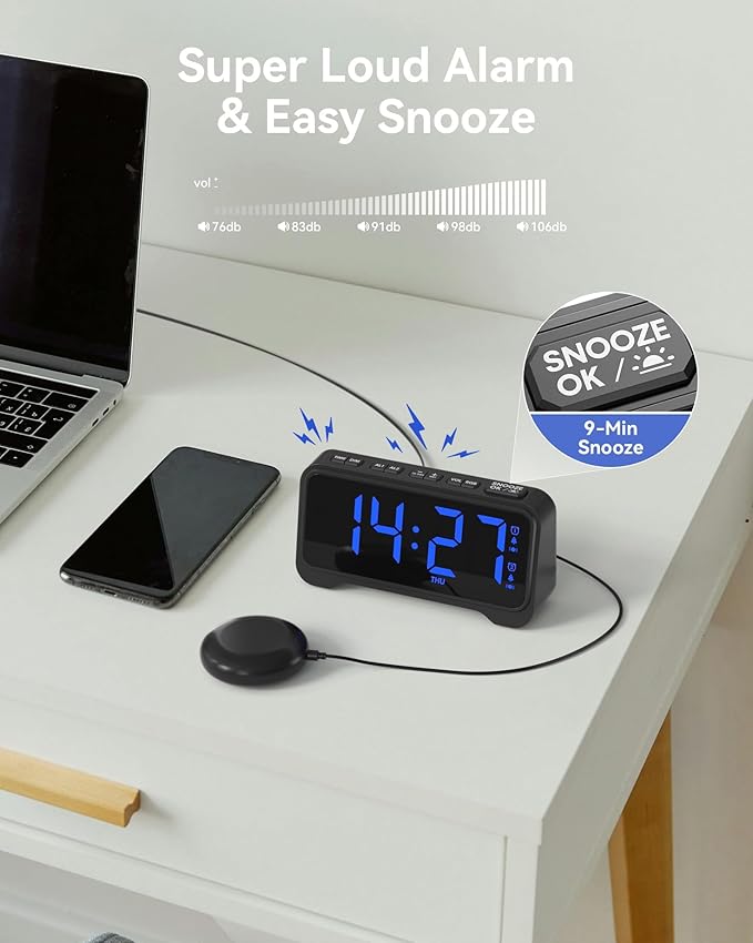 Vibrating Alarm Clock for Heavy Sleepers, Digital Alarm Clock with Bed Shaker, RGB Colorful Changing, Night Light, USB Charger, Dimmable Loud Bedside Desk Clock for kids, Hearing Impaired Deaf, Adults