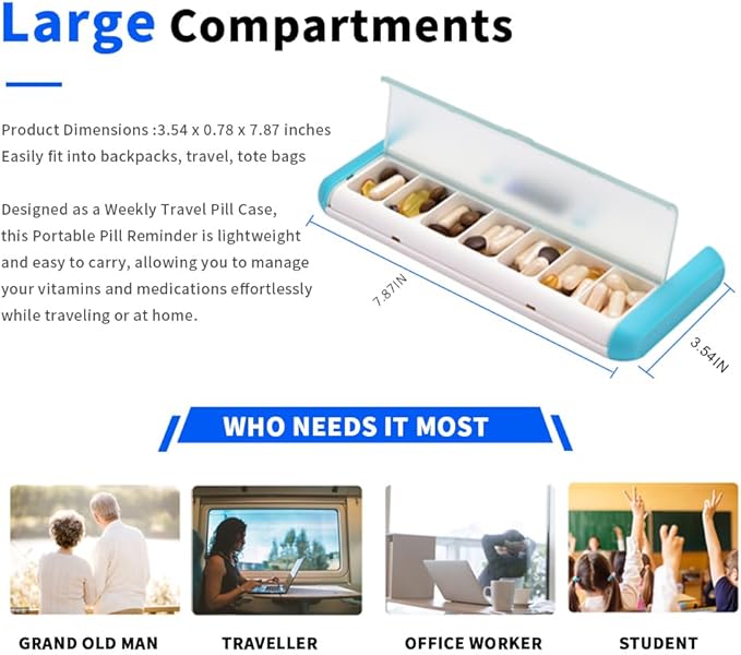 Automatic Medicine Dispenser - 7 Alarms (Beep, Vibration, Light), Large Compartments, Moisture-Proof, Portable Pill Organizer with Large Screen & Indicator Lights