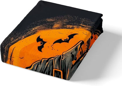 Happy Halloween Full Size Fitted Sheet,Psychedelic Pumpkin Hippie Graffiti 3 Pieces Kids Teenager Room Decor Halloween Witch Hat Bats Trippy Orange Black Pocket 2 Pillowcases