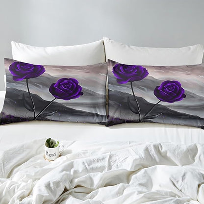 Manfei Purple Roses Fitted Sheet Set Full Size 4 Pcs,Romantic Blooming Flowers Teens Sheets,Aesthetic Natural Mount Paint Bedding Sets (1 Fitted,1 Flat,2 Pillowcases)
