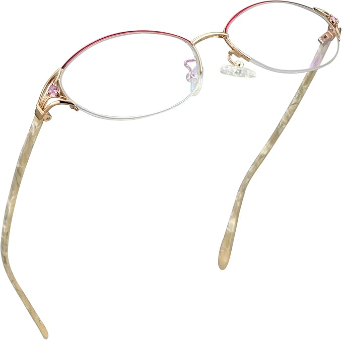 LifeArt Alloy Semi-Rimless Reading Glasses,Blue Light Blocking Glasses, Anti Eyestrain, Computer Gaming Glasses, TV Glasses for Women Men, Anti Glare (Rose Gold, +1.75 Magnification)