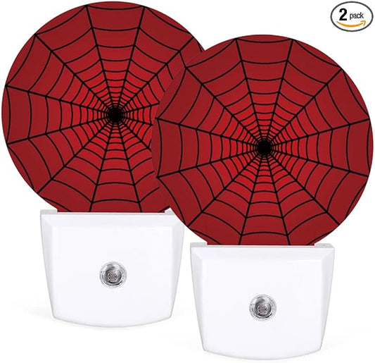 Red Spider Web Plug-in Led Night Light with Auto Dusk to Dawn Sensor for Boys Girls Room Decor, Wall Lamp Nightlights for Hallway,Bedroom, Kids Room, Kitchen, Stairway, (0.5W, 2 Pack)