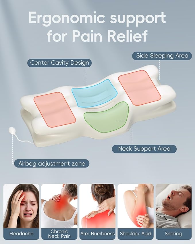 SMDR Adjustable Air Cushion Cervical Neck Pillow, Ergonomic Double-Wing Memory Foam Neck Support Pillow for Pain Relief, Spine Alignment & Posture Correction, Cooling Washable Cover, 3.5"–1.2" Design