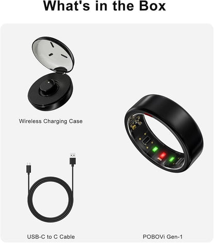 Smart Ring for Women Men- Sleep/Fitness/Stress/Heart Rate Tracker- Menstrual Records - 7 Days Battery Life - Wireless Charging - No APP Subscription - iOS & Android Compatible(Black, Size 12)