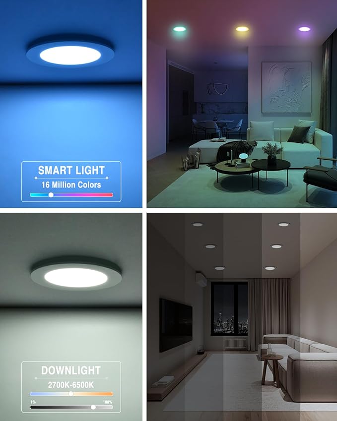 12Pack Smart LED RGB Recessed Lighting 4Inch,Color Changing Canless Downlight,2700K-6500K, 2.4GHz Wi-Fi & Bluetooth,9W 850lm,Works with Tuya App,Alexa & Google Assistant,Gateway Included