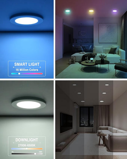 12Pack Smart LED RGB Recessed Lighting 4Inch,Color Changing Canless Downlight,2700K-6500K, 2.4GHz Wi-Fi & Bluetooth,9W 850lm,Works with Tuya App,Alexa & Google Assistant,Gateway Included