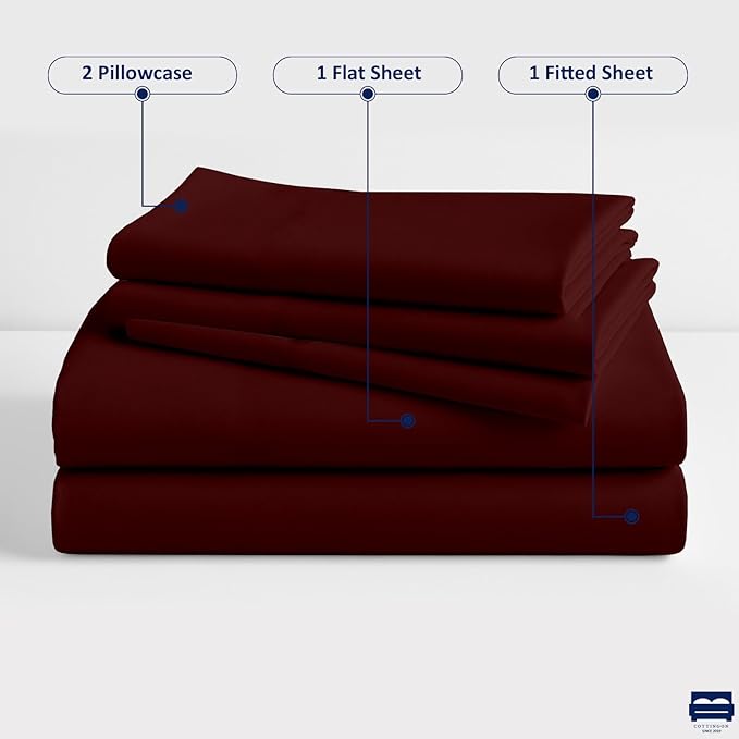 Cottingon 33"x75" Cot Sheet and Pillow Case 4 Piece Set, 100% Egyptain Cotton Soft Bedding Perfect for Rollaway, Folding, Guest Bed Frame, Fits Upto 7" Deep Mattress, Burgundy Solid
