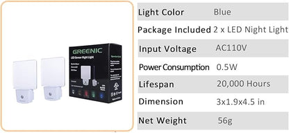 2 Pack 0.5W Plug in LED Night Light with Dusk to Dawn Sensor Blue