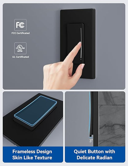 ELEGRP Smart Dimmer Light Switch DTR30, Single Pole or 3 Way, 2.4GHz Wi-Fi Touch Dimmer Compatible with Alexa/Google Assistant, Needs Neutral Wire, No Hub Required, UL Listed, Matte Black, 4 Pack