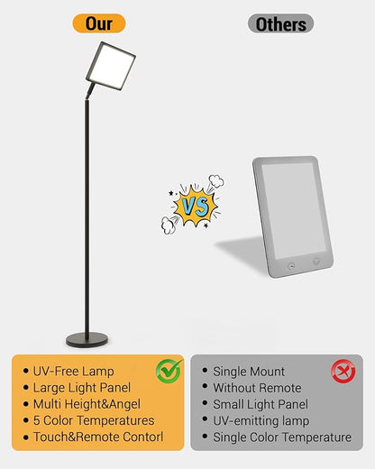 Light Therapy Lamp 12000 Lux UV-Free Full Spectum Floor Therapy Lamps, 4 in 1 LED Sun Lamp, 10 Brightess Levels, 5 Color Modes, Remote&Touch Control, Adjustable Timer/Height/Angle, Black