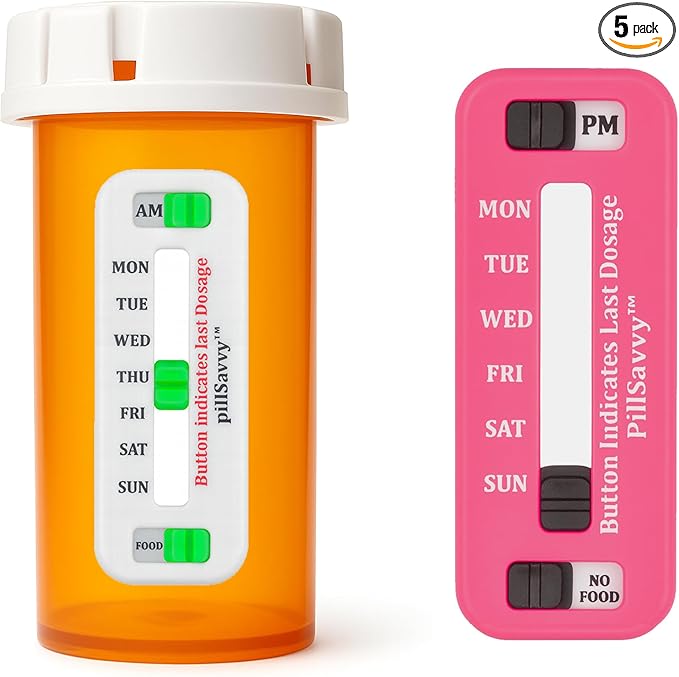 PillSavvy™ Daily Pill Tracker – Non-Digital, Reusable Medication Reminder for Bottles & Organizers – Easy to Use, Curved Back – Track Prescriptions, Vitamins, Supplements & Pet Meds (Pink, 5 Pack)