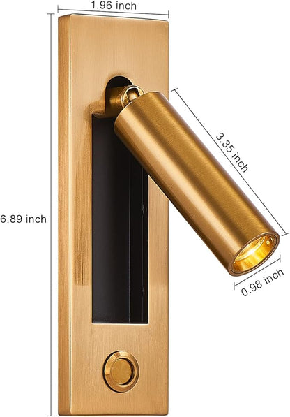 LED Wall Mounted Bedside Light, Adjustable Recessed Headboard Light with Switch, Wall Sconce for Reading, Hardwired Spotlight for Bedroom (Gold)