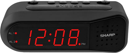 Sharp Easy-Set Digital Alarm Clock for Bedroom – Large Red LED Display, Ascending Loud Alarm for Heavy Sleepers, Dual Alarm Weekday/Weekend, Simple Operation, Snooze & Dimmer Control, Battery Backup