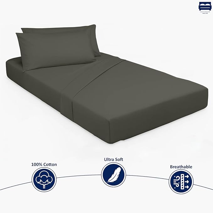 Cottingon 33"x75" Cot Sheet and Pillow Case 4 Piece Set, 100% Egyptain Cotton Soft Bedding Perfect for Rollaway, Folding, Guest Bed Frame, Fits Upto 7" Deep Mattress, Dark Grey Solid