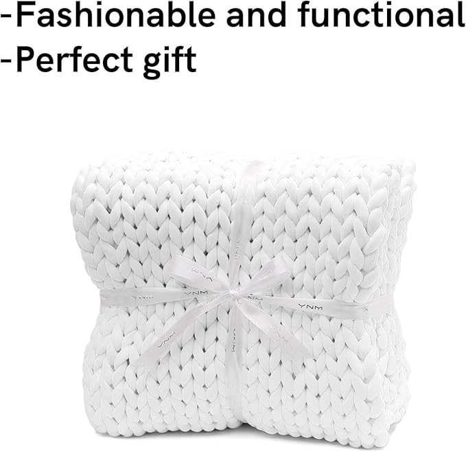 YnM Velvet Weighted Blanket, Handmade Chunky Knitted Design, Soft and Cozy, Temperature Regulating and Breathable, Machine Washable Throw for Sleep or Home Decor (White, 60x80 Inch, 15lbs)
