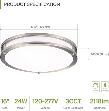 ASD LED 16" Round Flush Mount Lighting, Close to Ceiling Light Fixture | 3CCT, Dimmable, Energy Star, ETL Listed | 24W 2118LM 3000-5000K 100-277V | Low Profile Double Ring Lamp | Nickel
