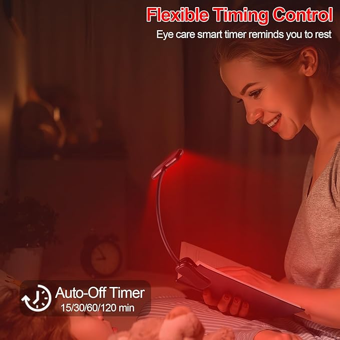 630nm Red Book Light - Zero Blue Light, Rechargeable Clip On Red Reading Light for Reading at Night, Poratble Dimmable LED Book Lamp, Perfect for Travel Nursing Studying(2 Pack)